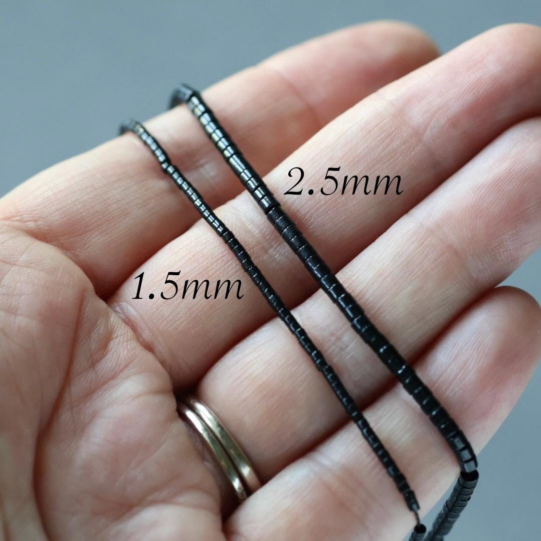 1.5–2.5mm Black Spinel Tube Beads – Tiny Natural Gemstone 15" Strand