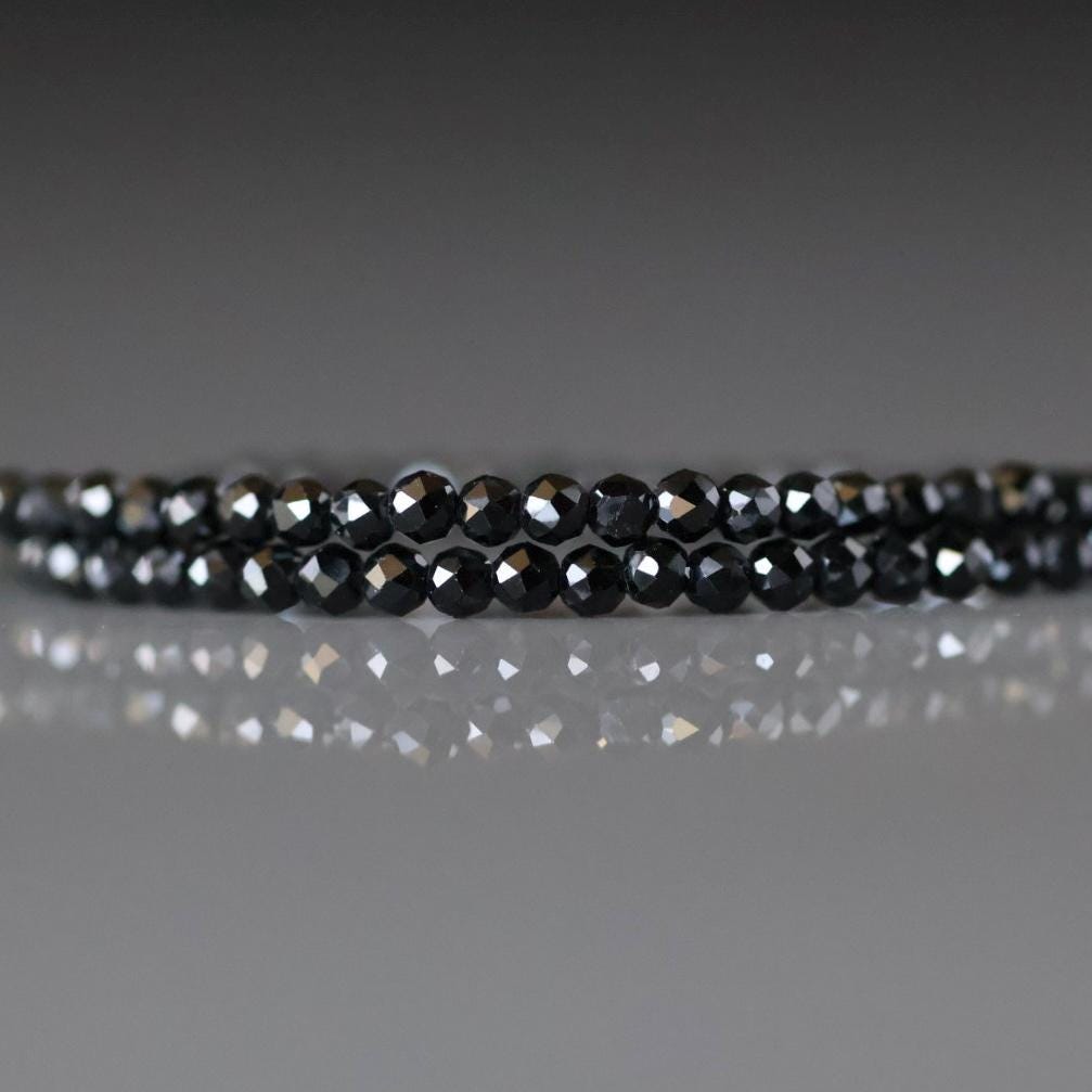 1.8mm Black Tourmaline Beads – Tiny Faceted Round Natural Gemstone 15" Strand