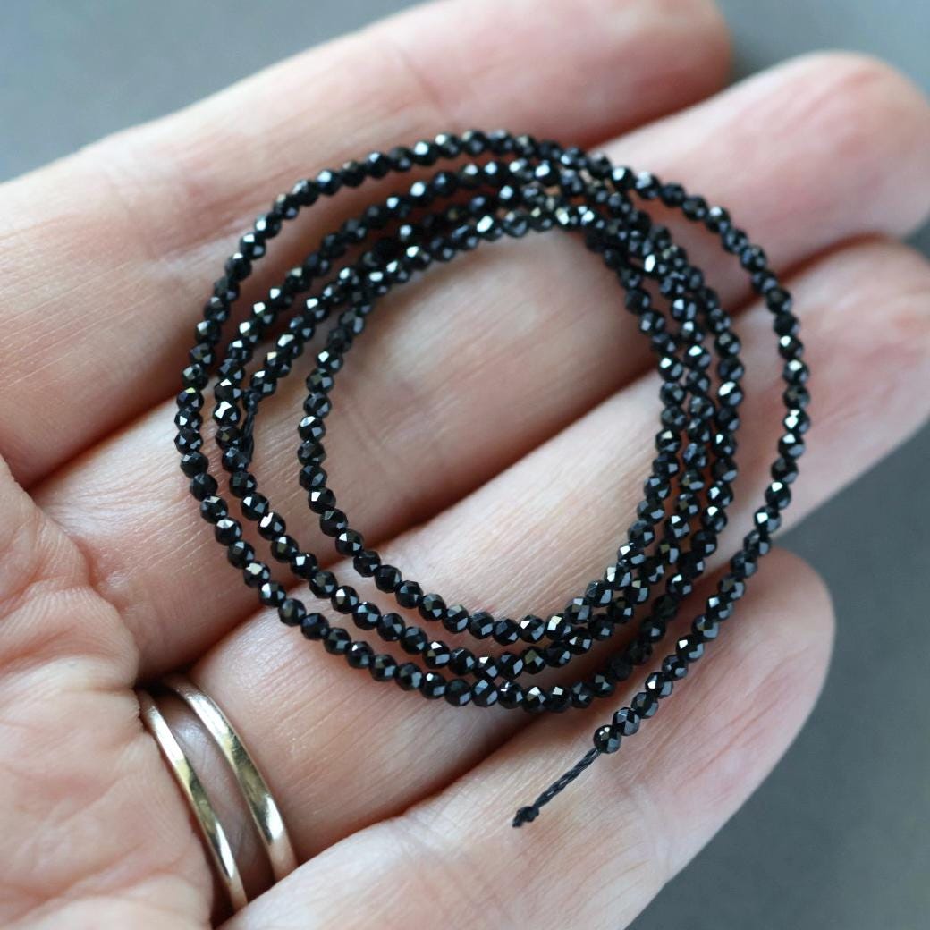 1.8mm Black Tourmaline Beads – Tiny Faceted Round Natural Gemstone 15" Strand