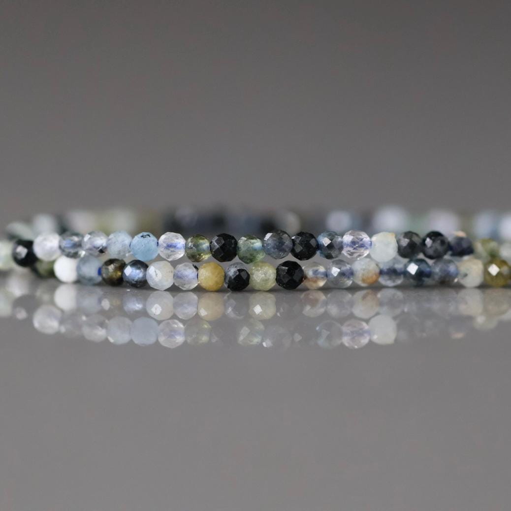 1.9mm Aquamarine with Tourmaline Inclusion Beads – Tiny Faceted Round Natural Gemstone 15" Strand