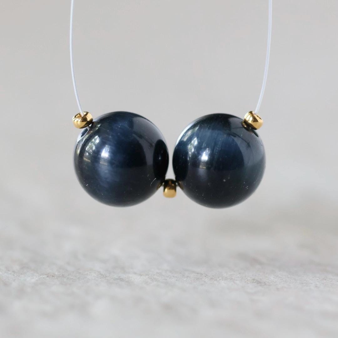 10mm Rare Natural Blue Tigers Eye Beads Round Smooth Pair Hawk Eye Gemstone for DIY Jewelry Making Earrings