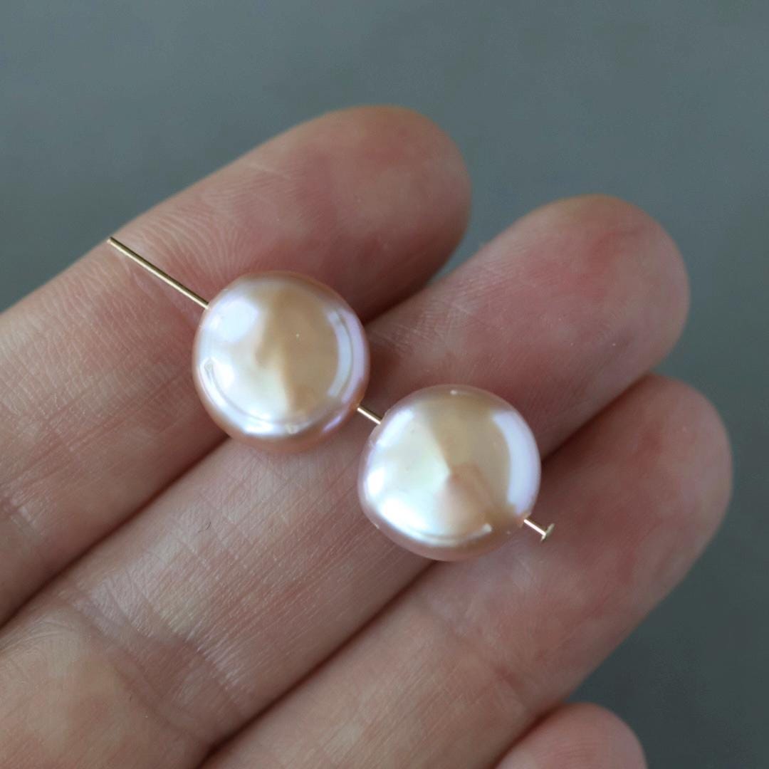 11mm 13mm Baroque Pink Freshwater Pearl Beads - Coin Natural Gemstone 2 Pcs