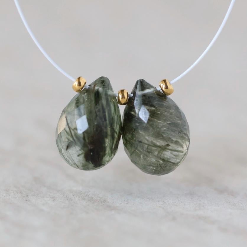 12mm Rare Green Rutilated Quartz Briolette Beads Faceted Teardrops Drops Rutile Natural Gemstone for DIY Jewelry Making