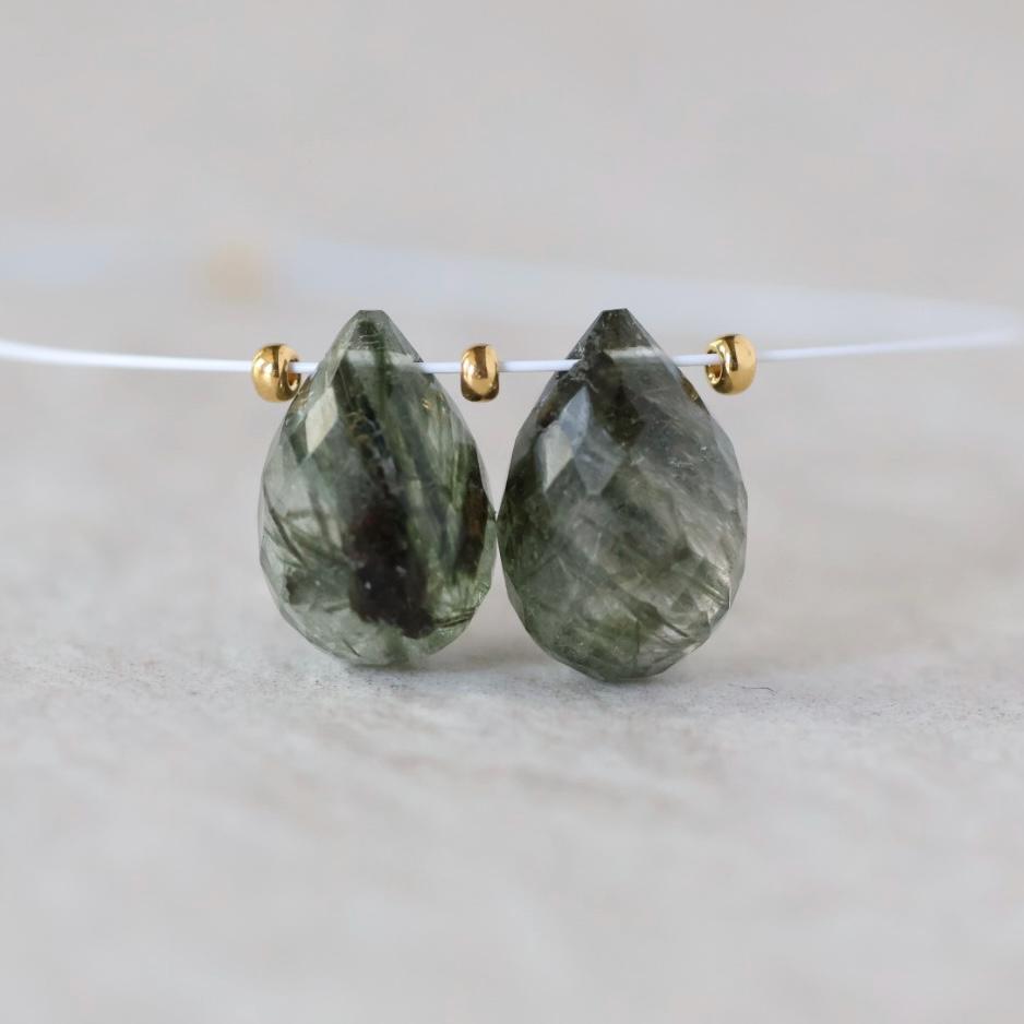 12mm Rare Green Rutilated Quartz Briolette Beads Faceted Teardrops Drops Rutile Natural Gemstone for DIY Jewelry Making