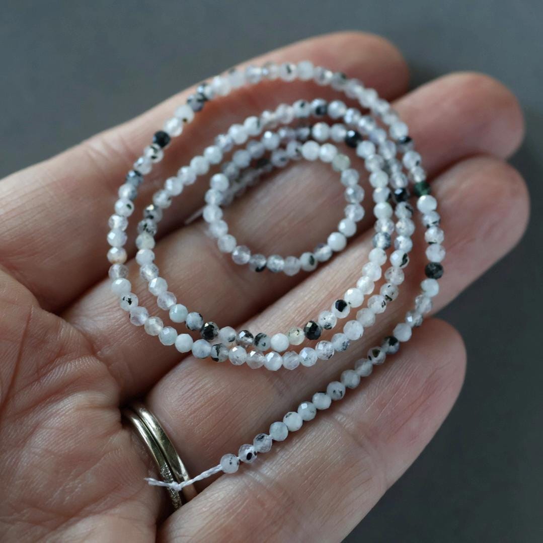 2.5mm Rainbow Moonstone with Black Tourmaline Beads – Tiny Faceted Round Natural Gemstone 15" Strand