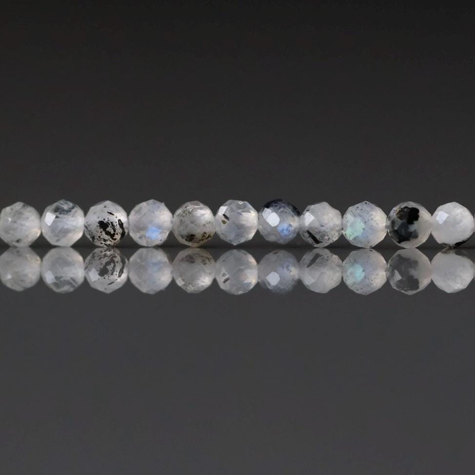 2.5mm Rainbow Moonstone with Black Tourmaline Beads – Tiny Faceted Round Natural Gemstone 15" Strand