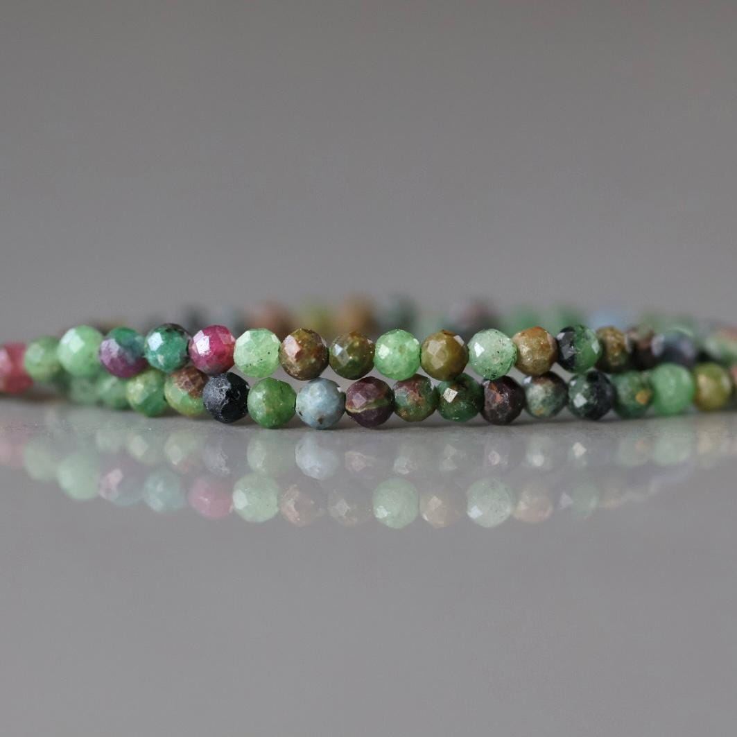 2.5mm Ruby in Fuchsite Beads – Tiny Faceted Round Natural Gemstone 15" Strand