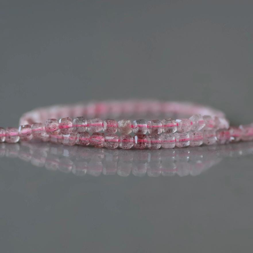 2.5mm Strawberry Quartz Cube Beads – Tiny Faceted Cube Natural Gemstone 15" Strand