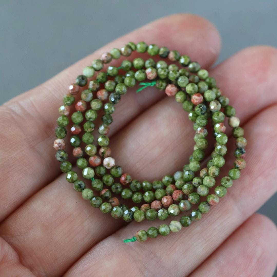2.5mm Unakite Beads – Tiny Faceted Round Natural Gemstone 15" Strand