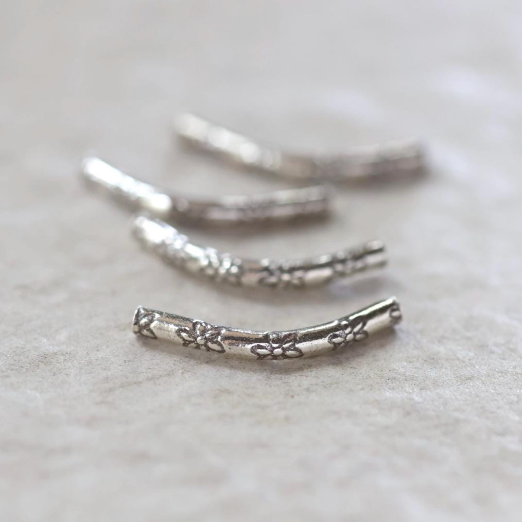 20mm Tiny Thai Karen Hill Tribe Silver Tube Curved Flower Stamped Bar Bead Fine Silver for DIY Jewelry Making