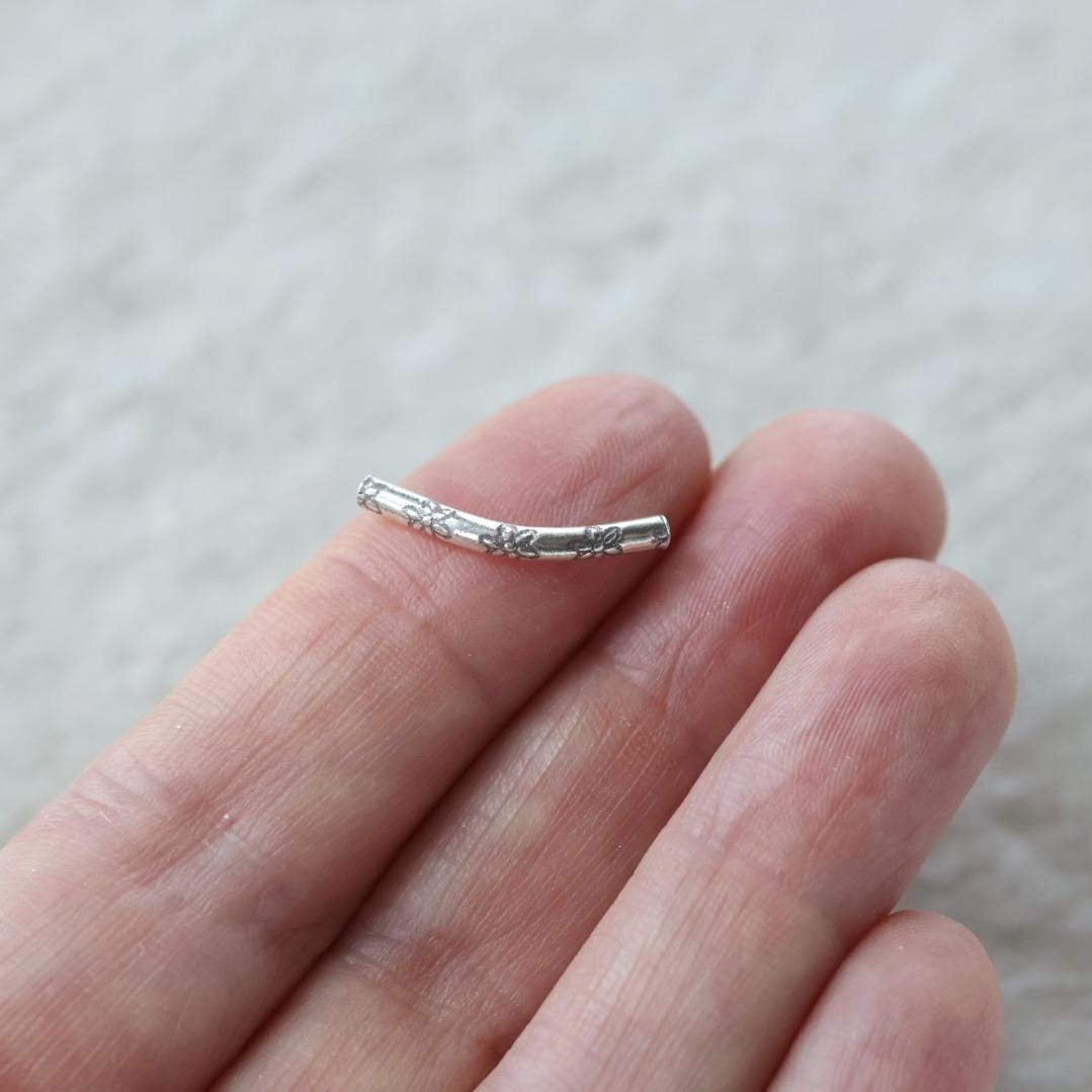 20mm Tiny Thai Karen Hill Tribe Silver Tube Curved Flower Stamped Bar Bead Fine Silver for DIY Jewelry Making
