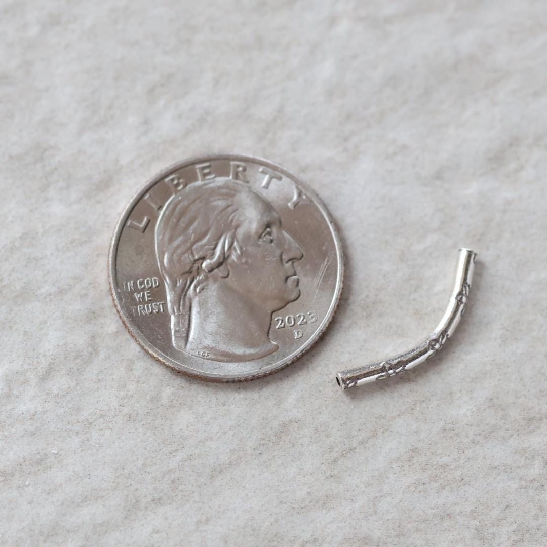 20mm Tiny Thai Karen Hill Tribe Silver Tube Curved Flower Stamped Bar Bead Fine Silver for DIY Jewelry Making