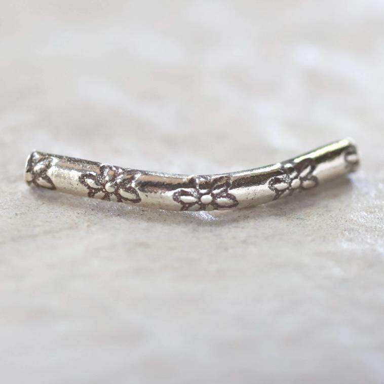 20mm Tiny Thai Karen Hill Tribe Silver Tube Curved Flower Stamped Bar Bead Fine Silver for DIY Jewelry Making