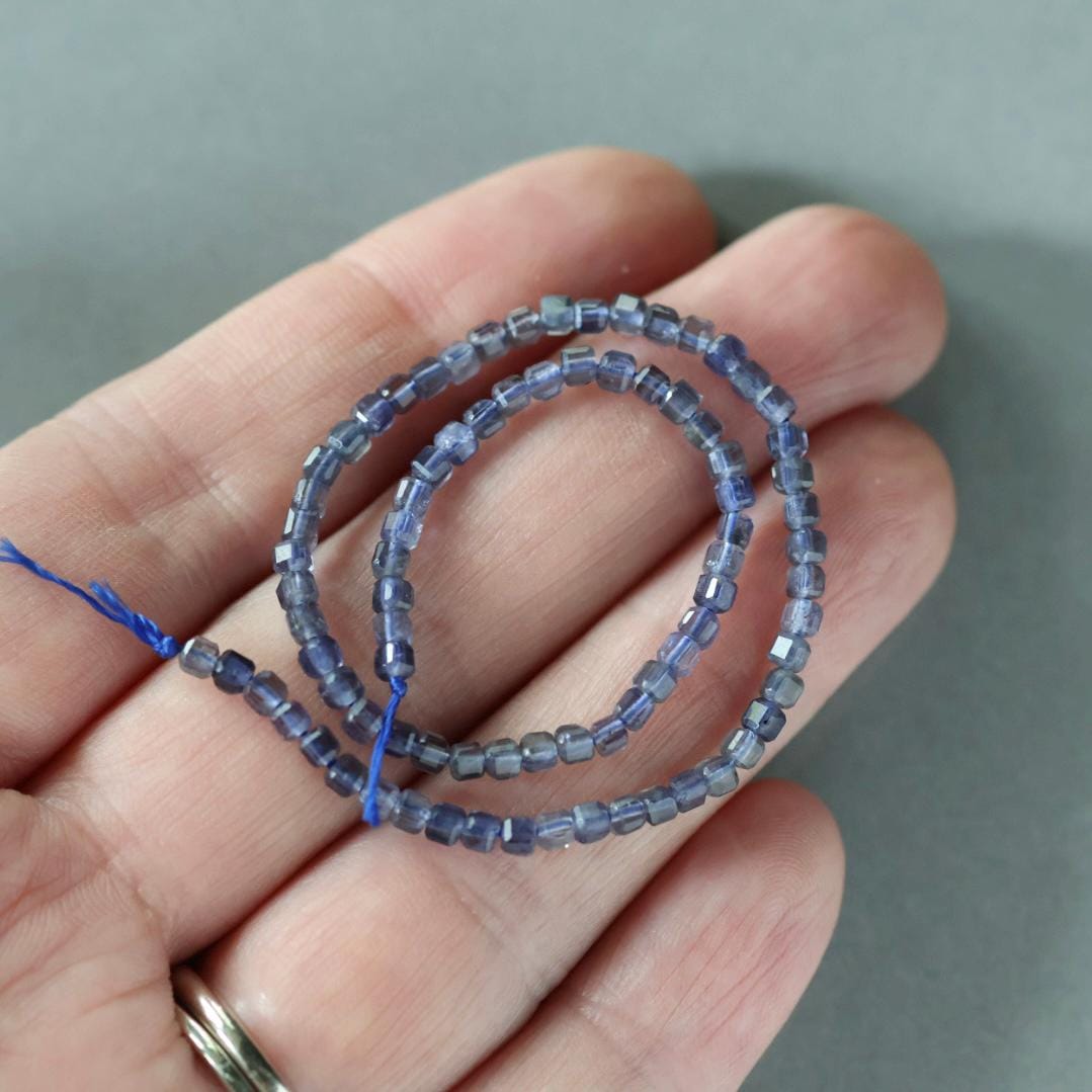 2mm Iolite Beads - Tiny Faceted Cube Natural Gemstone 7" Strand