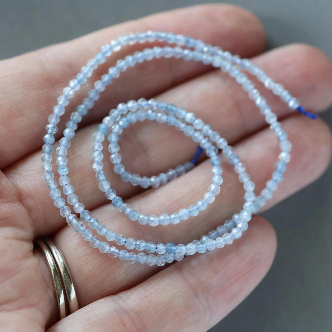2mm Aquamarine Beads – Tiny Faceted Round Natural Gemstone 15" Strand