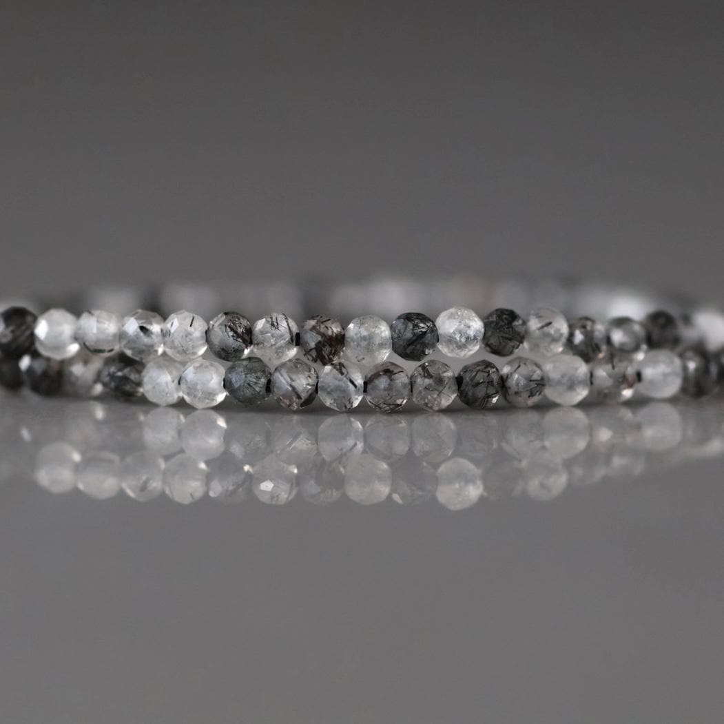 2mm Black Rutilated Quartz Beads - Tiny Faceted Round Natural Gemstone 15" Strand