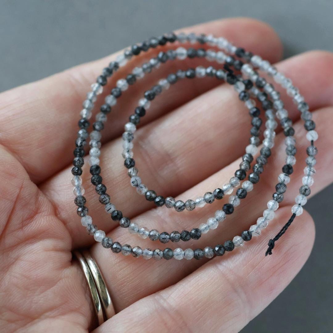 2mm Black Rutilated Quartz Beads - Tiny Faceted Round Natural Gemstone 15" Strand