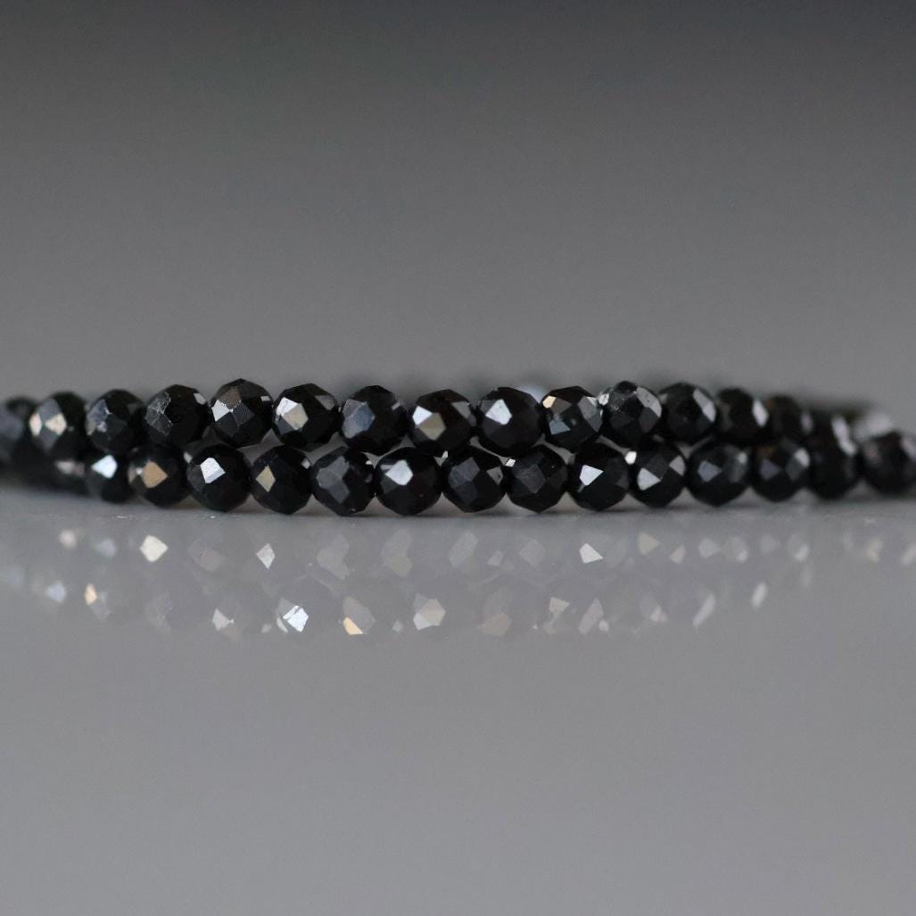2mm Black Tourmaline Beads – Tiny Faceted Round Natural Gemstone 15" Strand