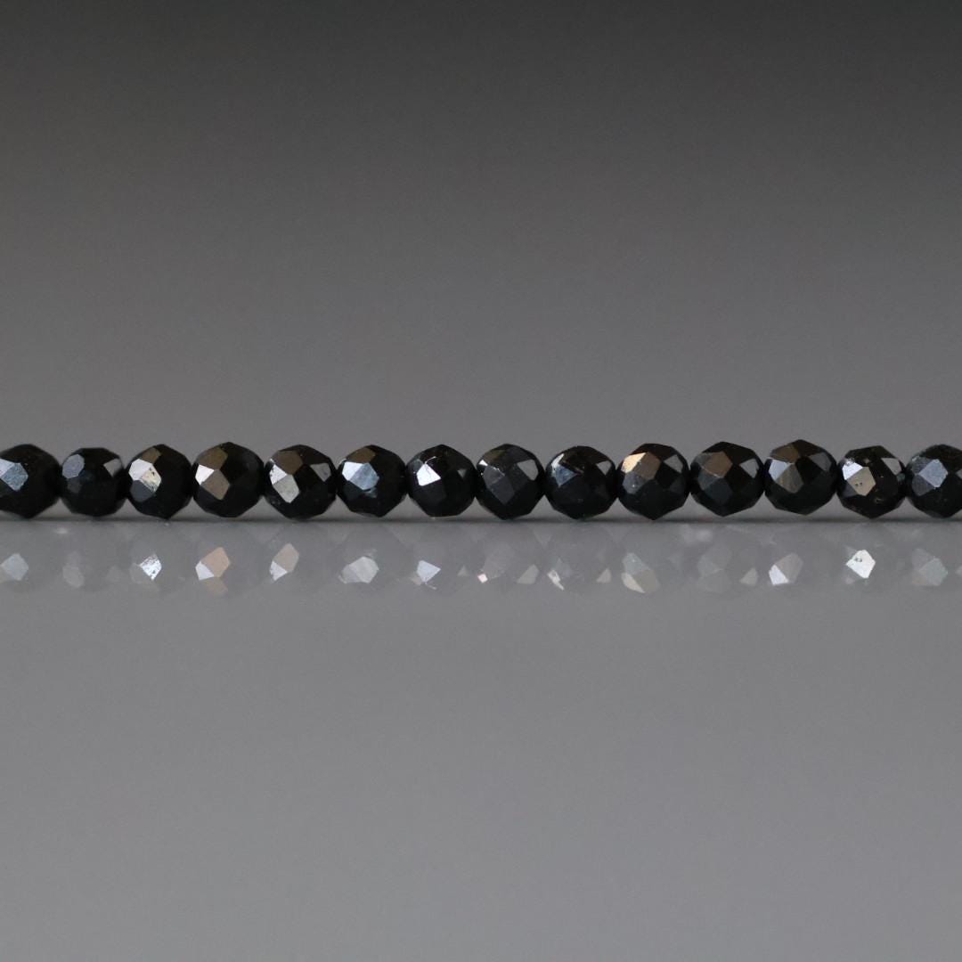 2mm Black Tourmaline Beads – Tiny Faceted Round Natural Gemstone 15" Strand