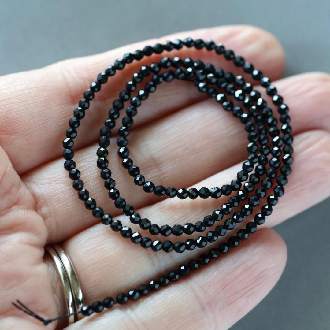 2mm Black Tourmaline Beads – Tiny Faceted Round Natural Gemstone 15" Strand