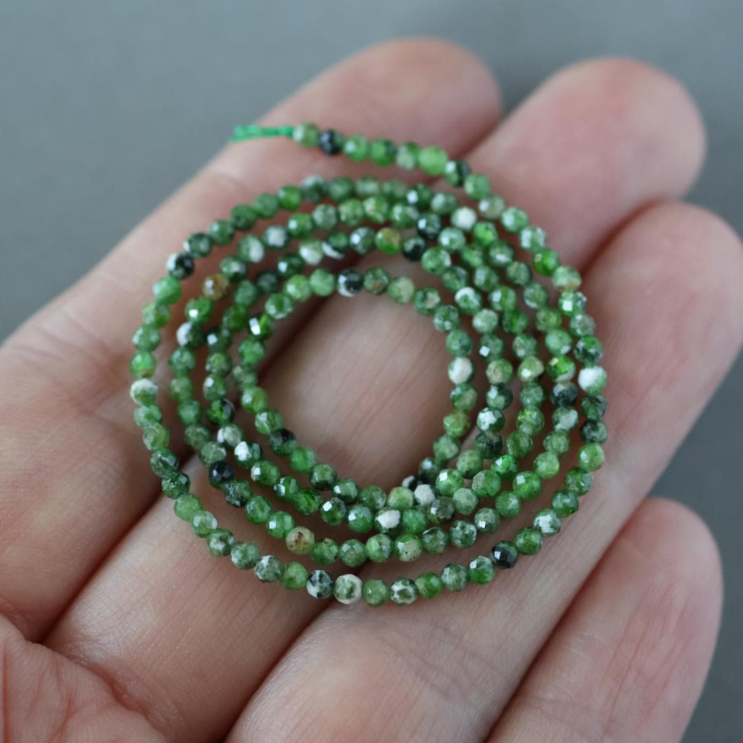 2mm Chrome Diopside in Quartz Beads – Tiny Faceted Round Natural Gemstone 15" Strand