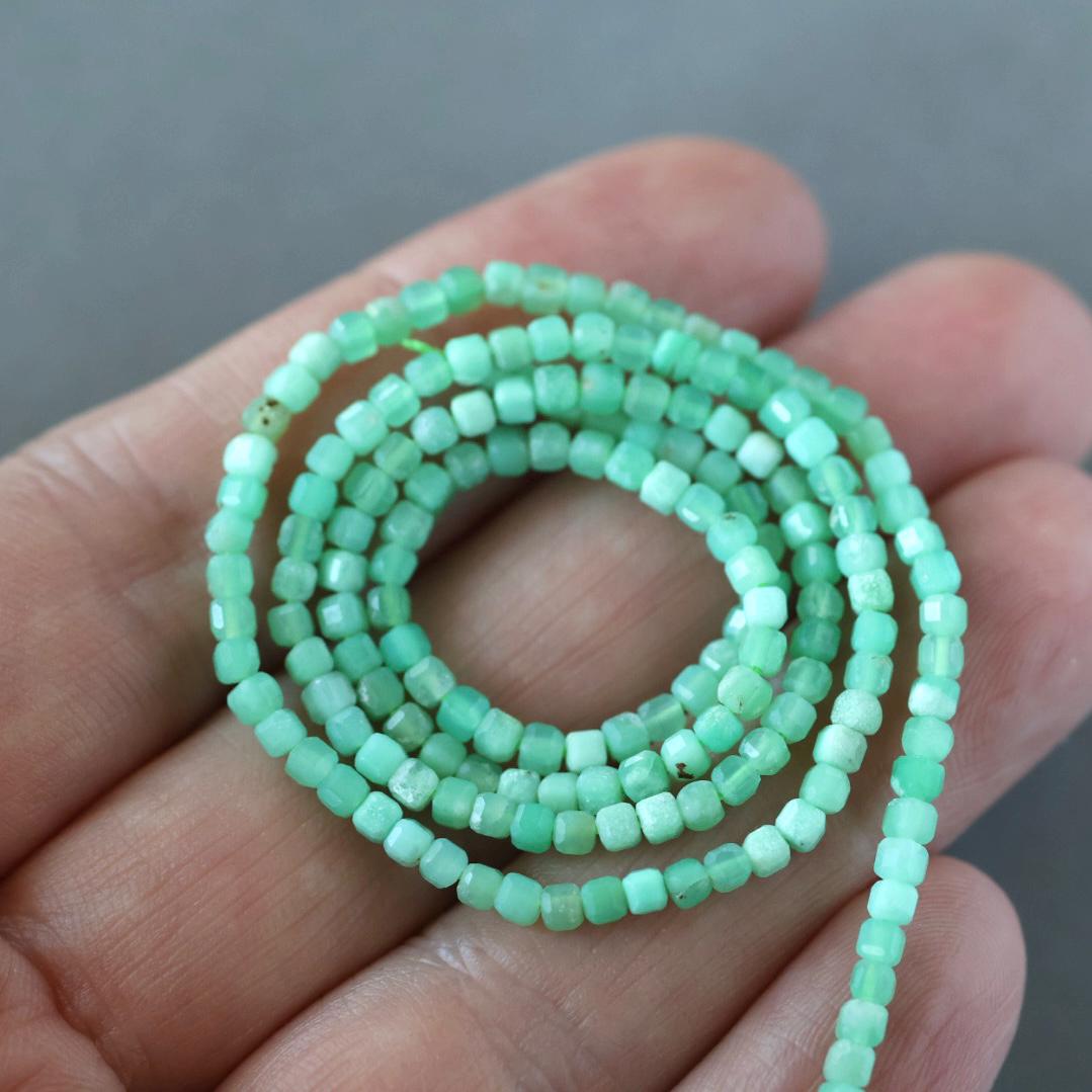 2mm Chrysoprase Beads – Tiny Faceted Cube Natural Gemstone 15" Strand
