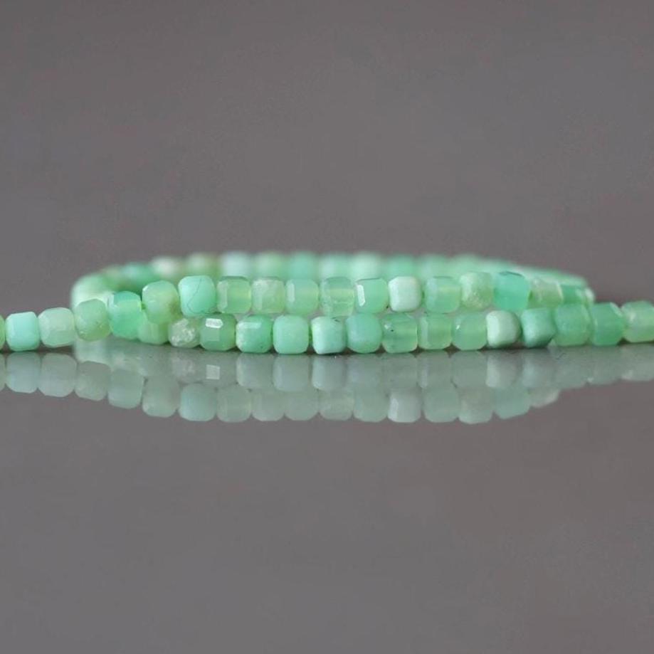 2mm Chrysoprase Beads – Tiny Faceted Cube Natural Gemstone 15" Strand