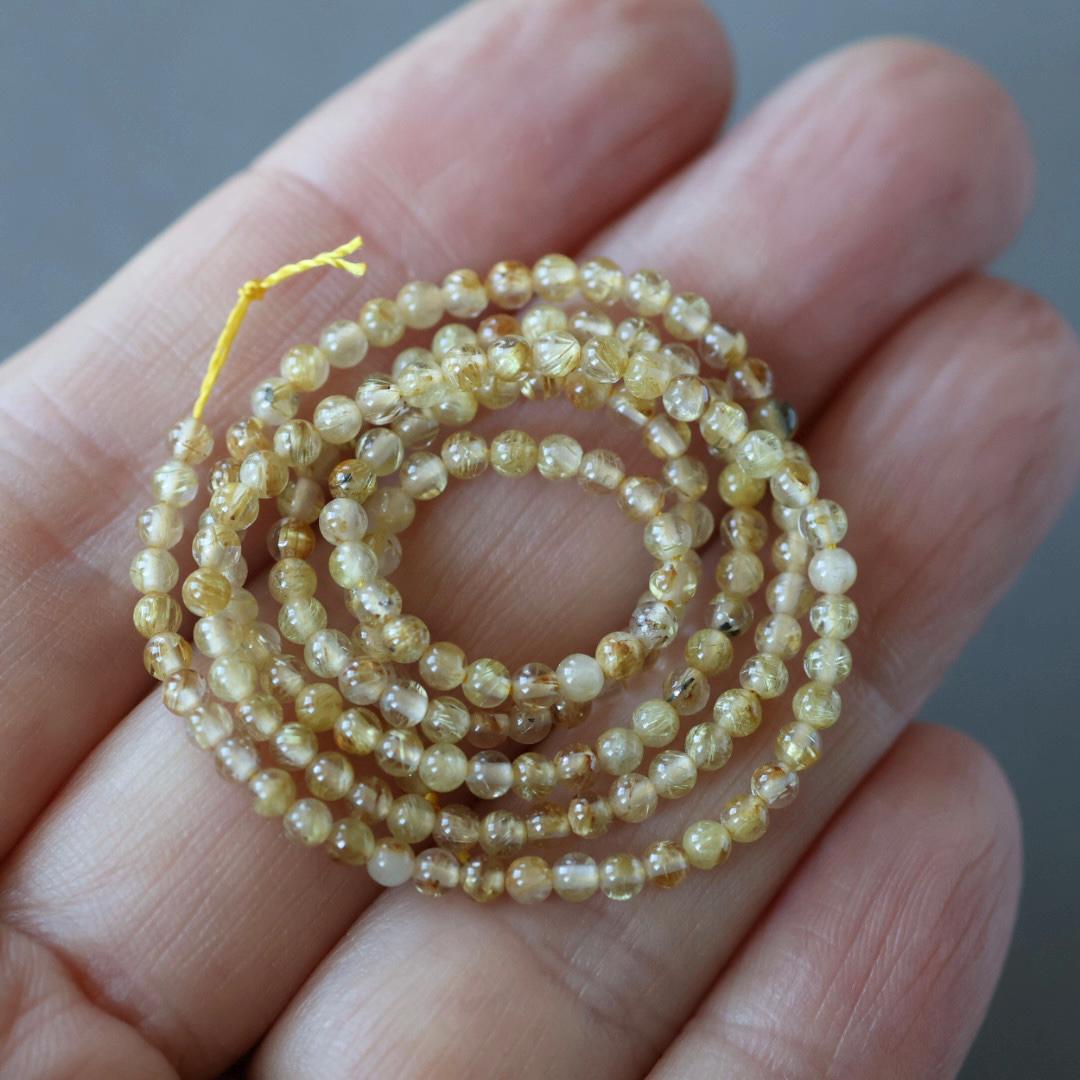 2mm Golden Rutilated Quartz Beads – Tiny Smooth Round Natural Gemstone 15" Strand