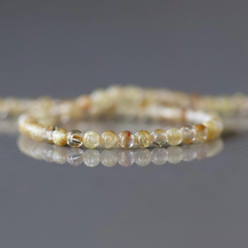 2mm Golden Rutilated Quartz Beads – Tiny Smooth Round Natural Gemstone 15" Strand