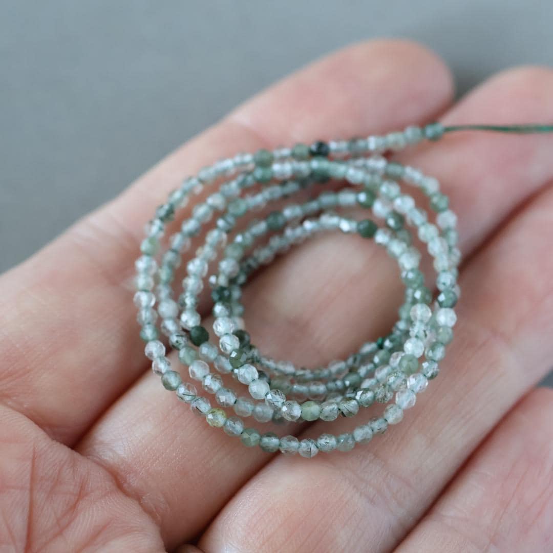 2mm Green Rutilated Quartz Beads – Tiny Faceted Round Natural Gemstone 15" Strand