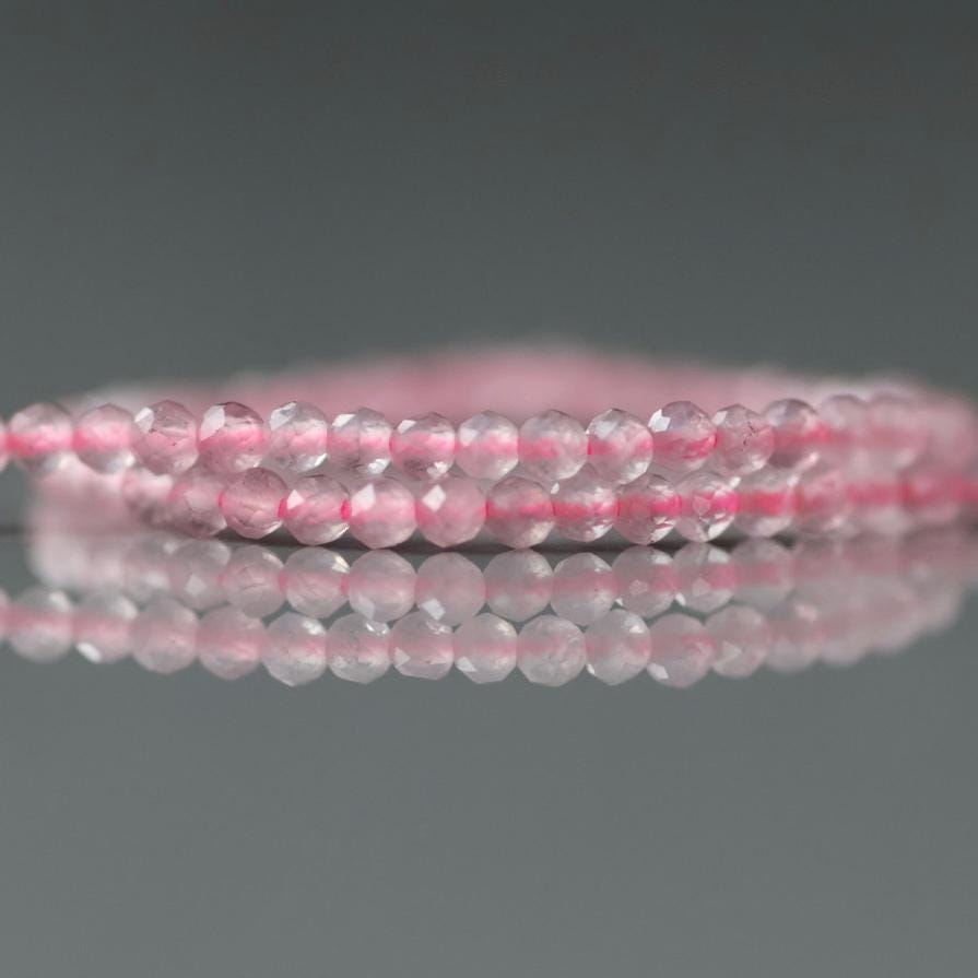 2mm Madagascar Rose Quartz Beads – Tiny Faceted Round Natural Gemstone 15" Strand