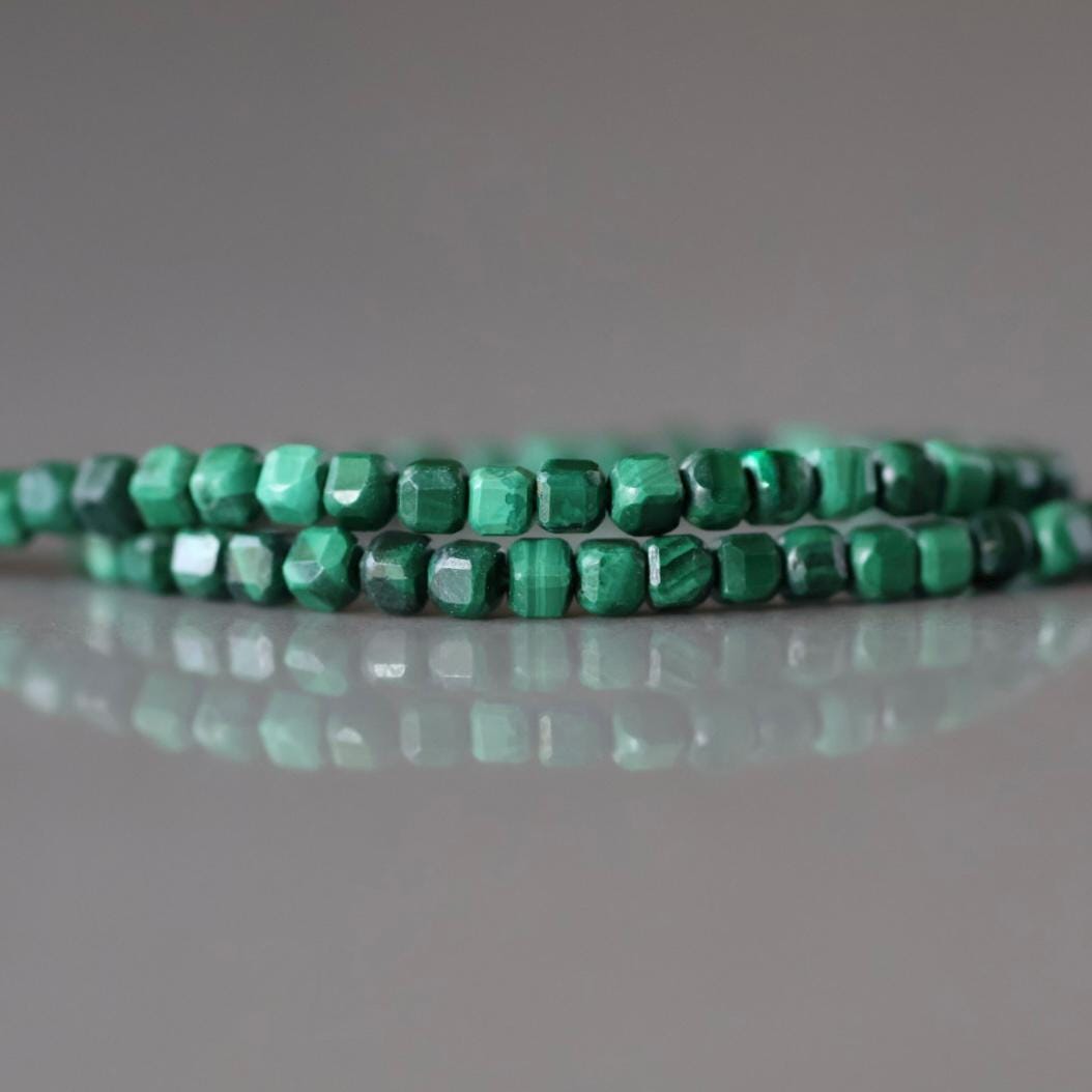 2mm Malachite Beads – Tiny Faceted Cube Natural Gemstone 15" Strand