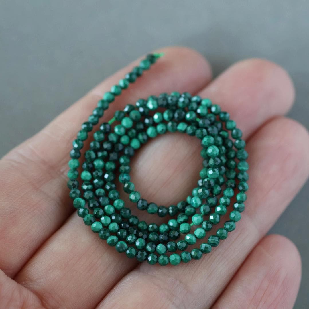 2mm Malachite Beads – Tiny Faceted Round Natural Gemstone 15" Strand