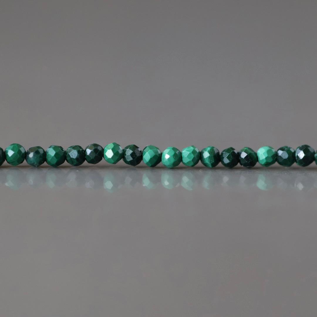 2mm Malachite Beads – Tiny Faceted Round Natural Gemstone 15" Strand