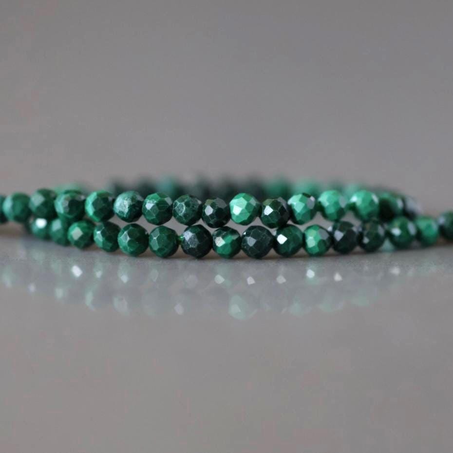 2mm Malachite Beads – Tiny Faceted Round Natural Gemstone 15" Strand