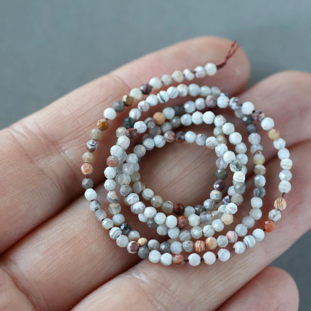 2mm Mexican Laguna Agate Beads – Tiny Faceted Round Natural Gemstone 15" Strand
