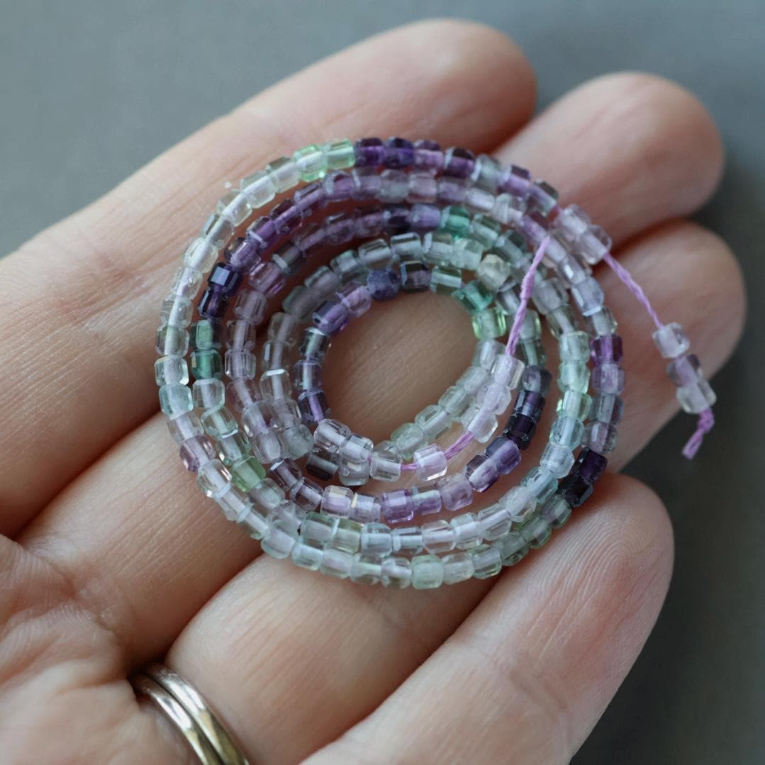 2mm Multi Fluorite Cube Beads – Tiny Faceted Cube Natural Gemstone 15" Strand