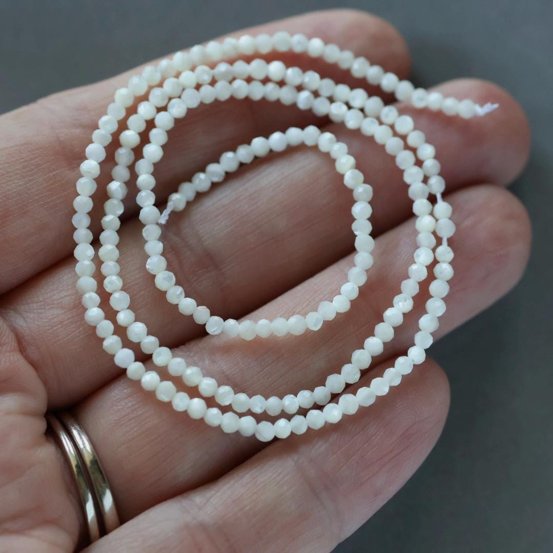 2mm Natural Mother of Pearl Beads - Tiny Faceted Round Natural Gemstone 15" Strand