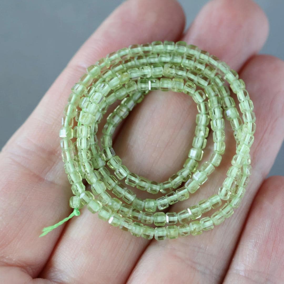 2mm Peridot Beads – Tiny Faceted Cube Natural Gemstone 15" Strand
