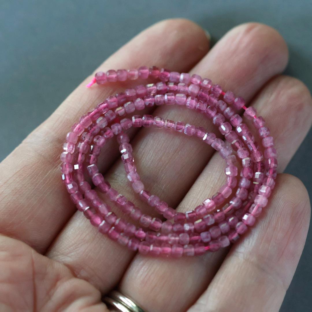 2mm Pink Tourmaline Cube Beads - Tiny Cube Natural Gemstone 15" Strand