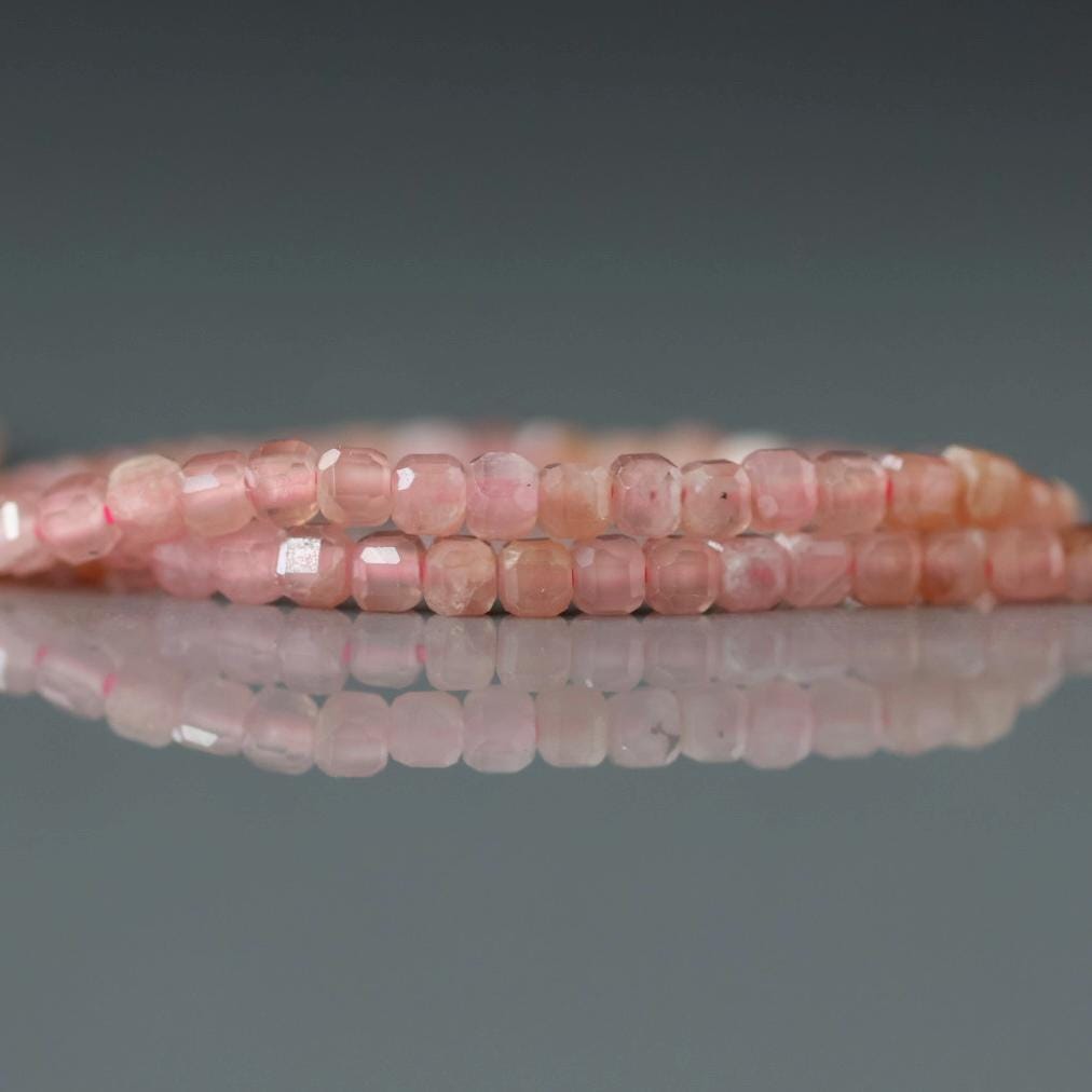 2mm Rhodochrosite Cube Beads - Tiny Cube Natural Gemstone 15" Strand