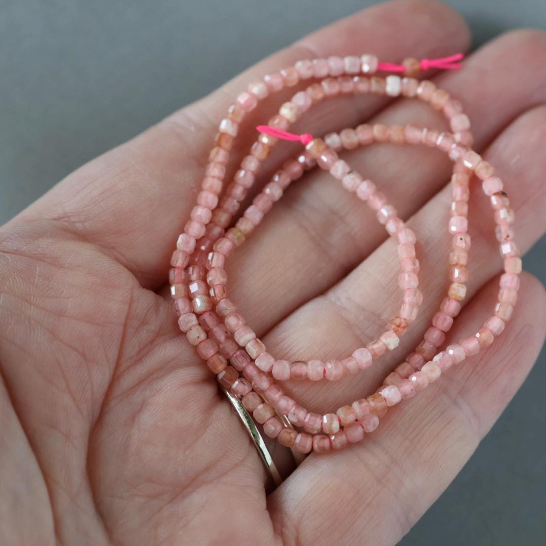 2mm Rhodochrosite Cube Beads - Tiny Cube Natural Gemstone 15" Strand