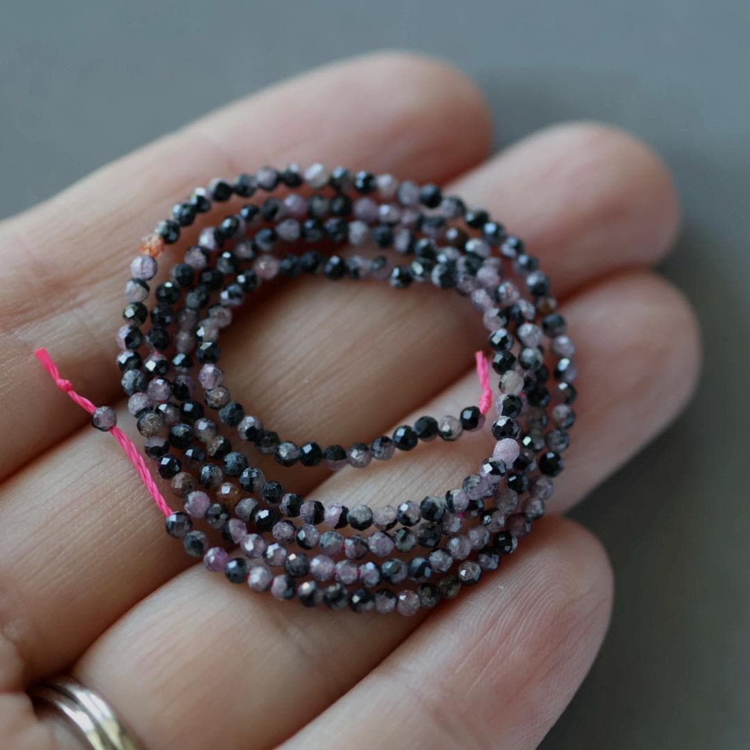 2mm Ruby with Black Matrix Beads – Tiny Faceted Round Natural Gemstone 15" Strand