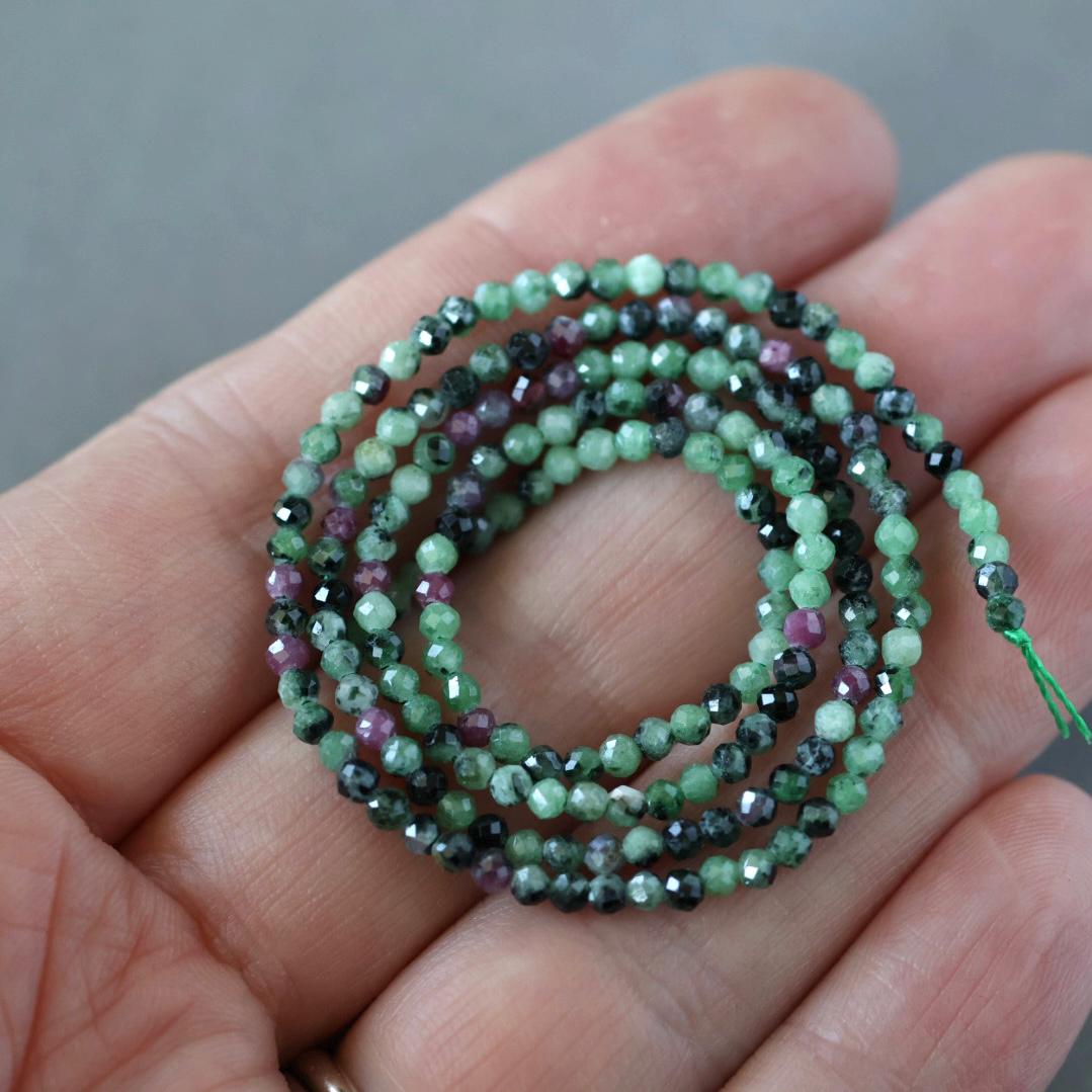 2mm Ruby Zoisite Beads – Tiny Faceted Round Natural Gemstone 15" Strand