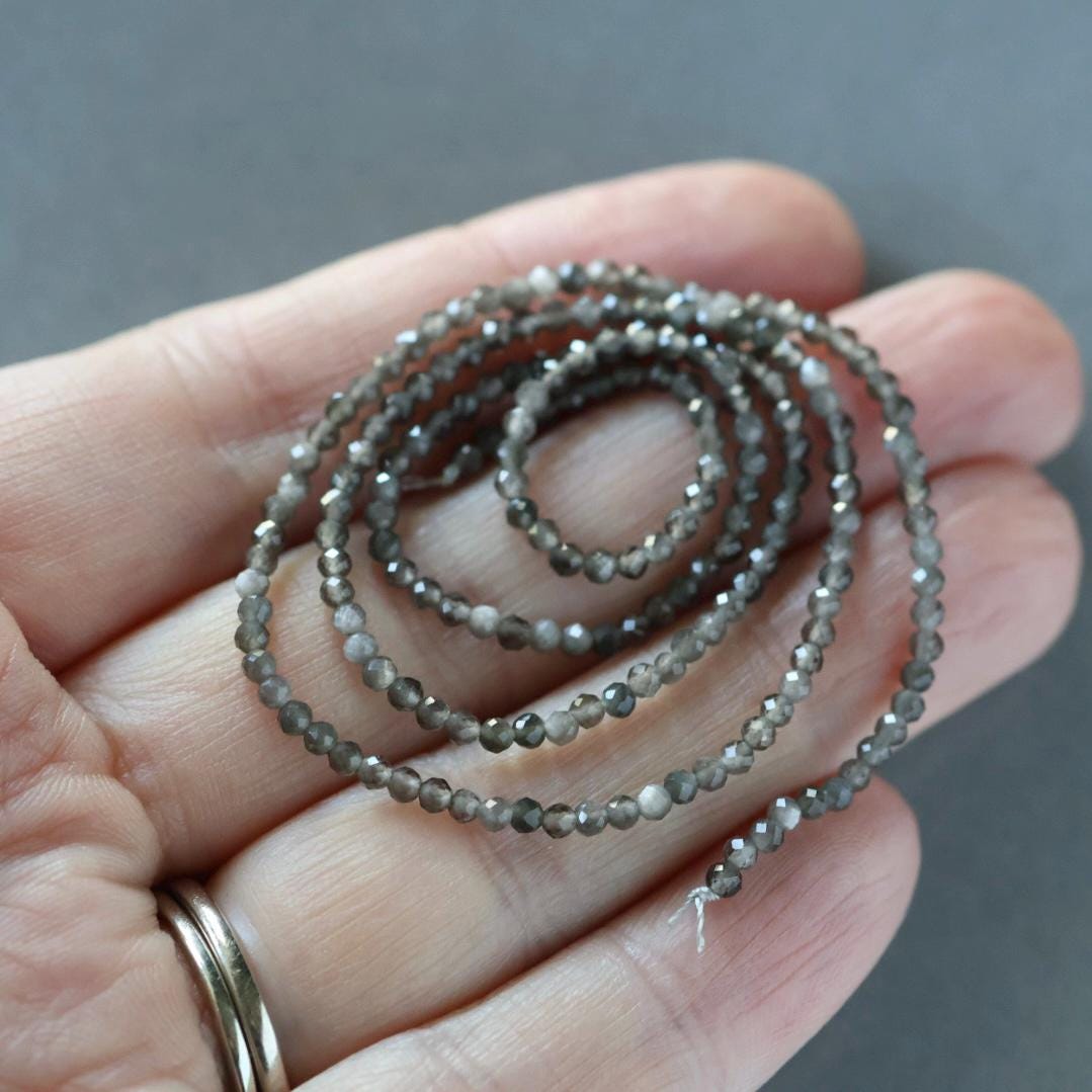 2mm Silver Obsidian Beads – Tiny Faceted Round Natural Gemstone 15" Strand