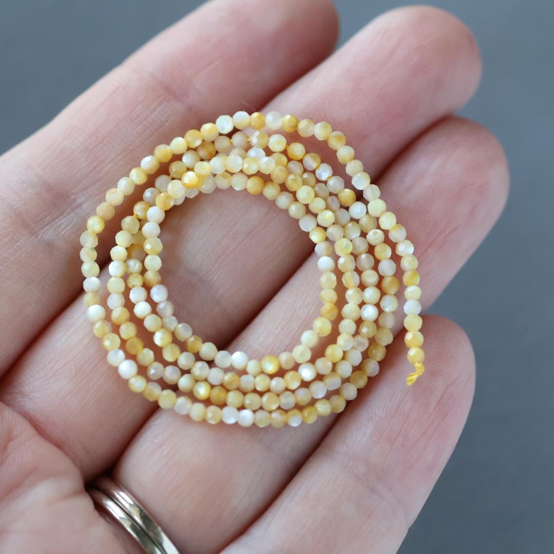 2mm Yellow Mother of Pearl Beads – Tiny Faceted Round Natural Gemstone 15" Strand