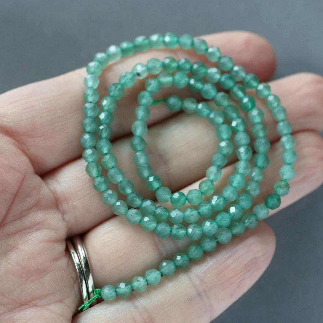 3.5mm Green Aventurine Beads – Faceted Round Natural Gemstone 15" Strand
