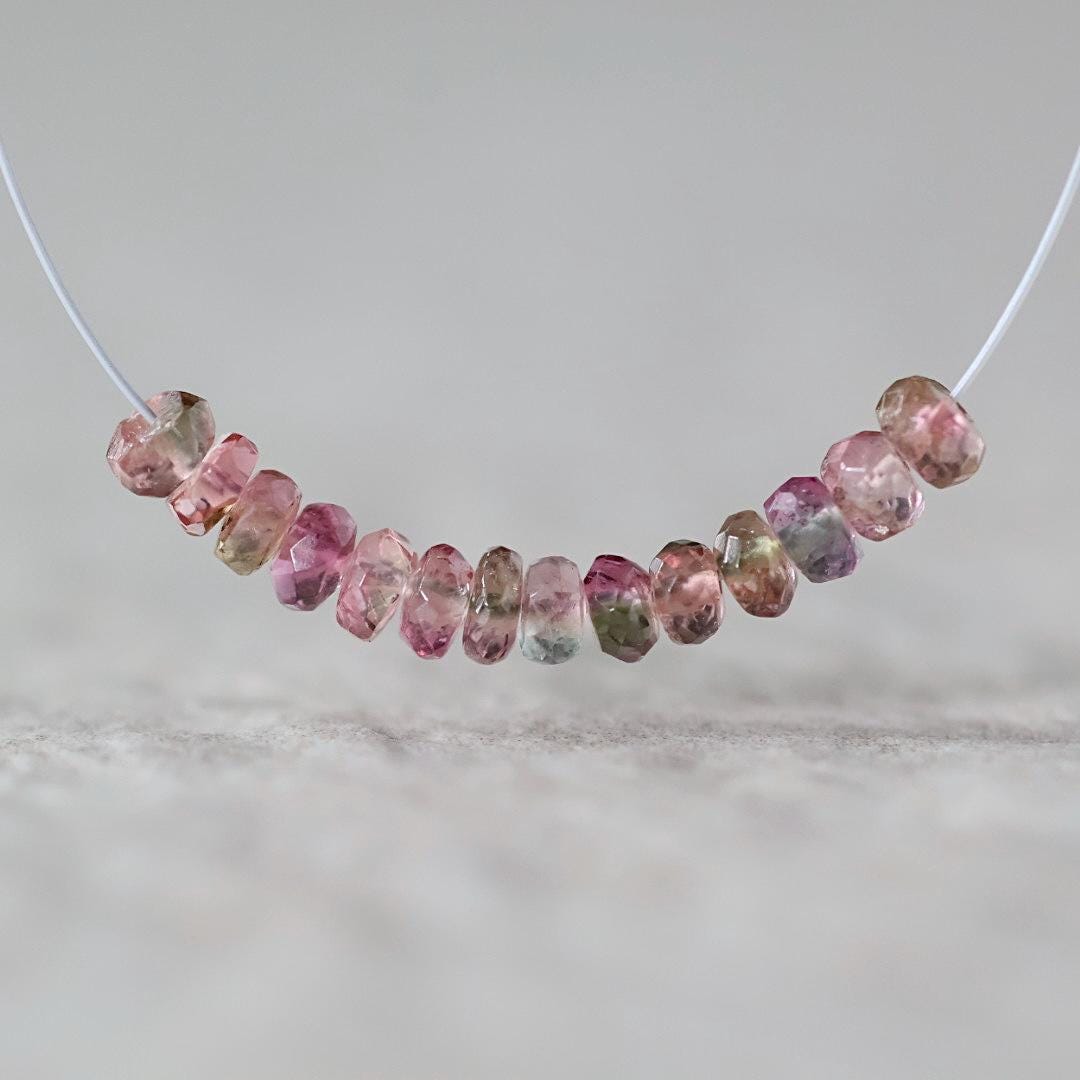 3mm Bio Tourmaline Beads Faceted Rondelles 1” Genuine Bi Color Pink Green Natural Gemstone for DIY Jewelry Making