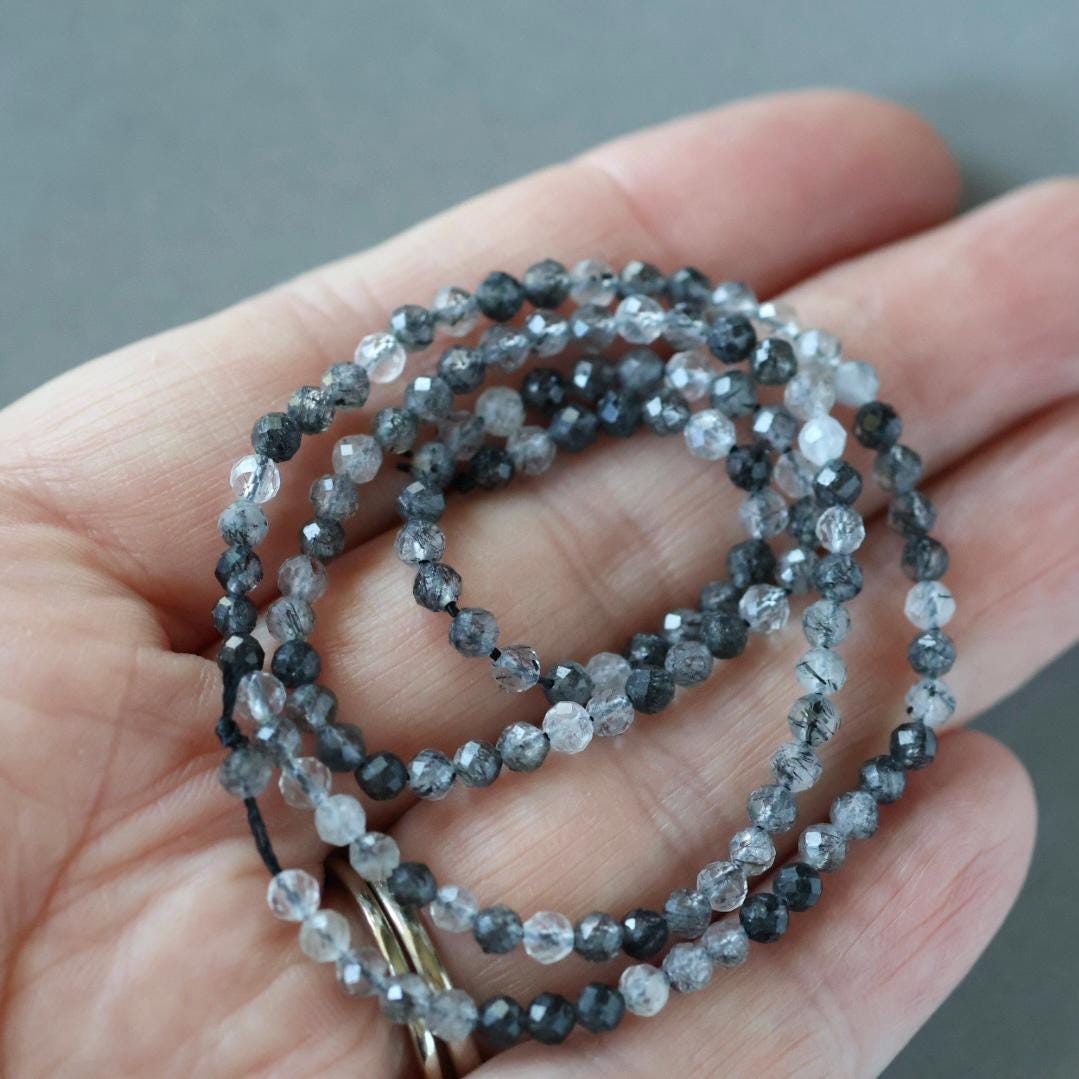 3mm Black Rutilated Quartz Beads - Faceted Round Micro Gemstone 15" Strand