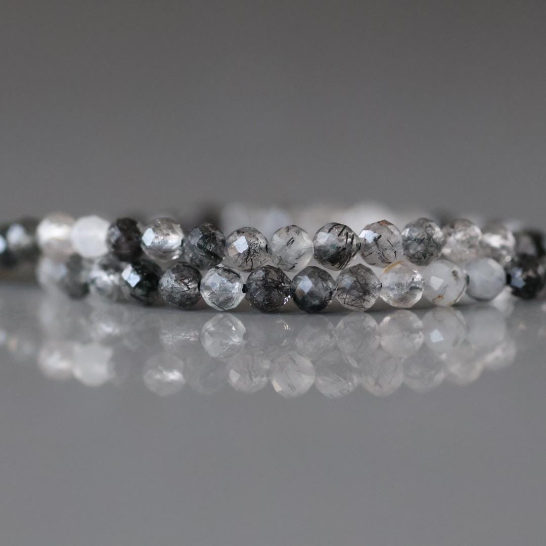 3mm Black Rutilated Quartz Beads - Faceted Round Micro Gemstone 15" Strand